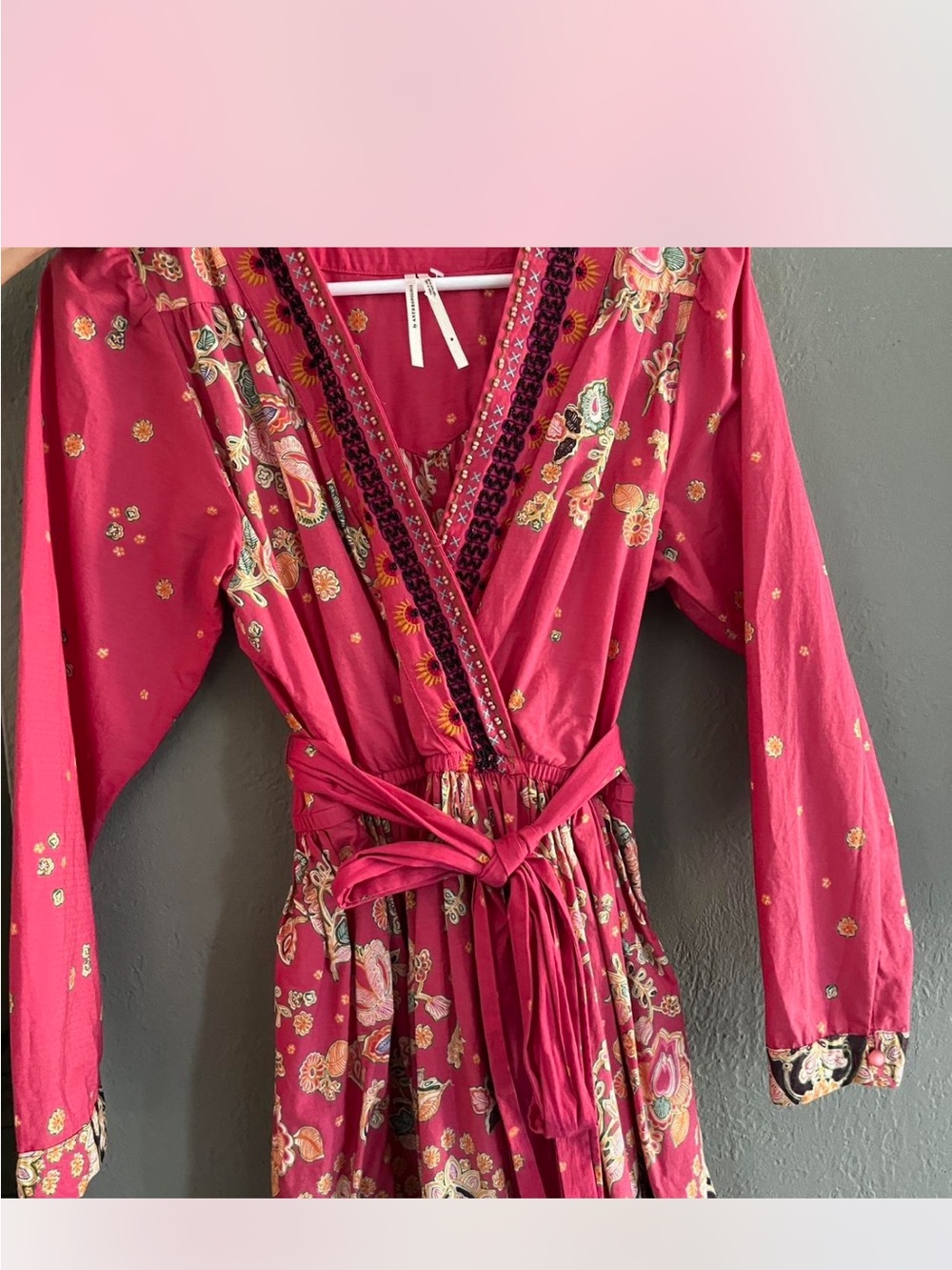 Anthropologie Hot Pink Embroidered Boho Dress